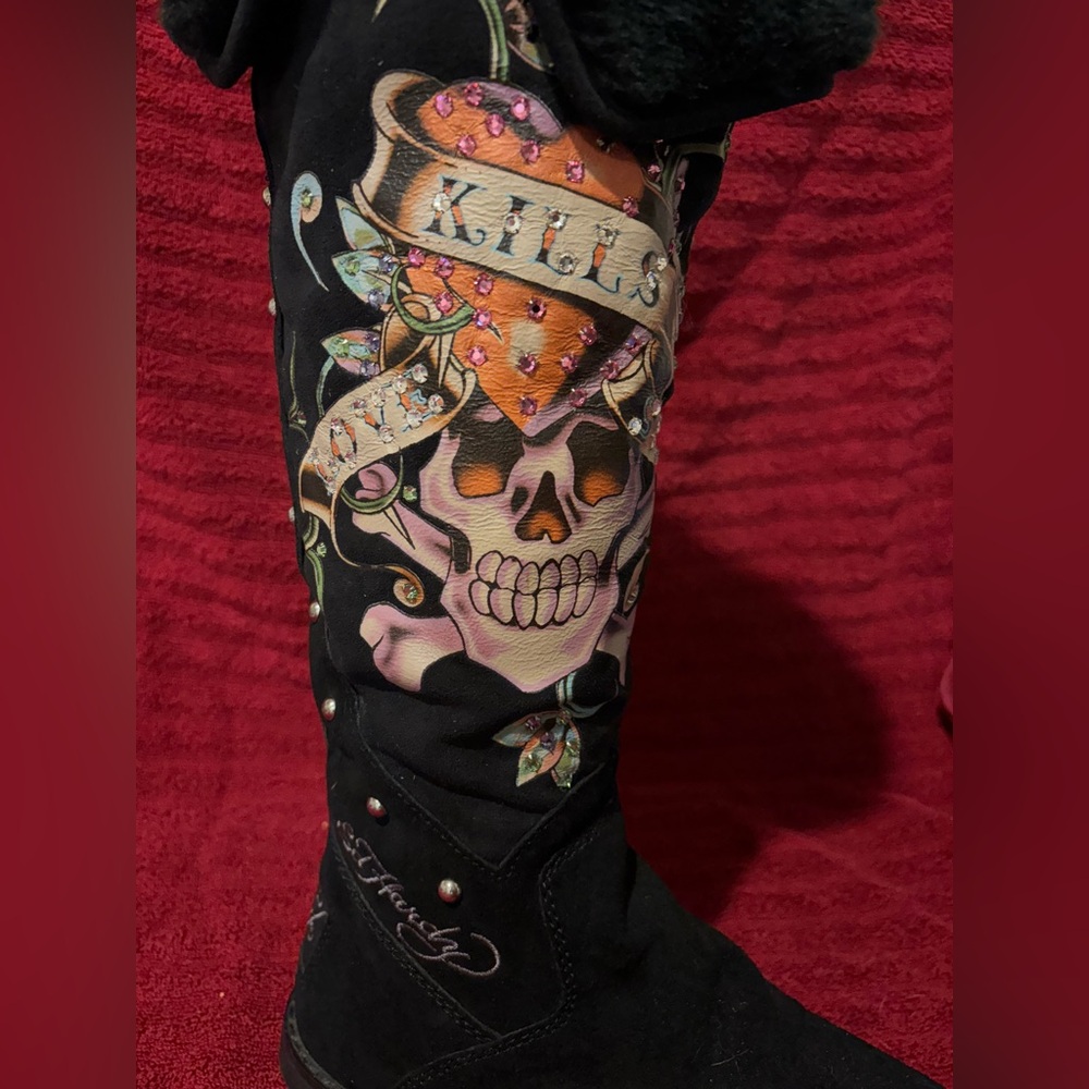 Ed Hardy Skull & “Kills” Heart Faux Fur Suede Tall Boots | Women’s US 6 - Picture 6 of 10
